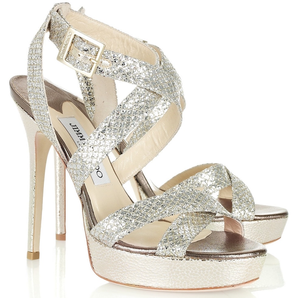 The Vamp is one of Jimmy Choo's most iconic styles with glittery crisscross straps, platforms, and stiletto heels