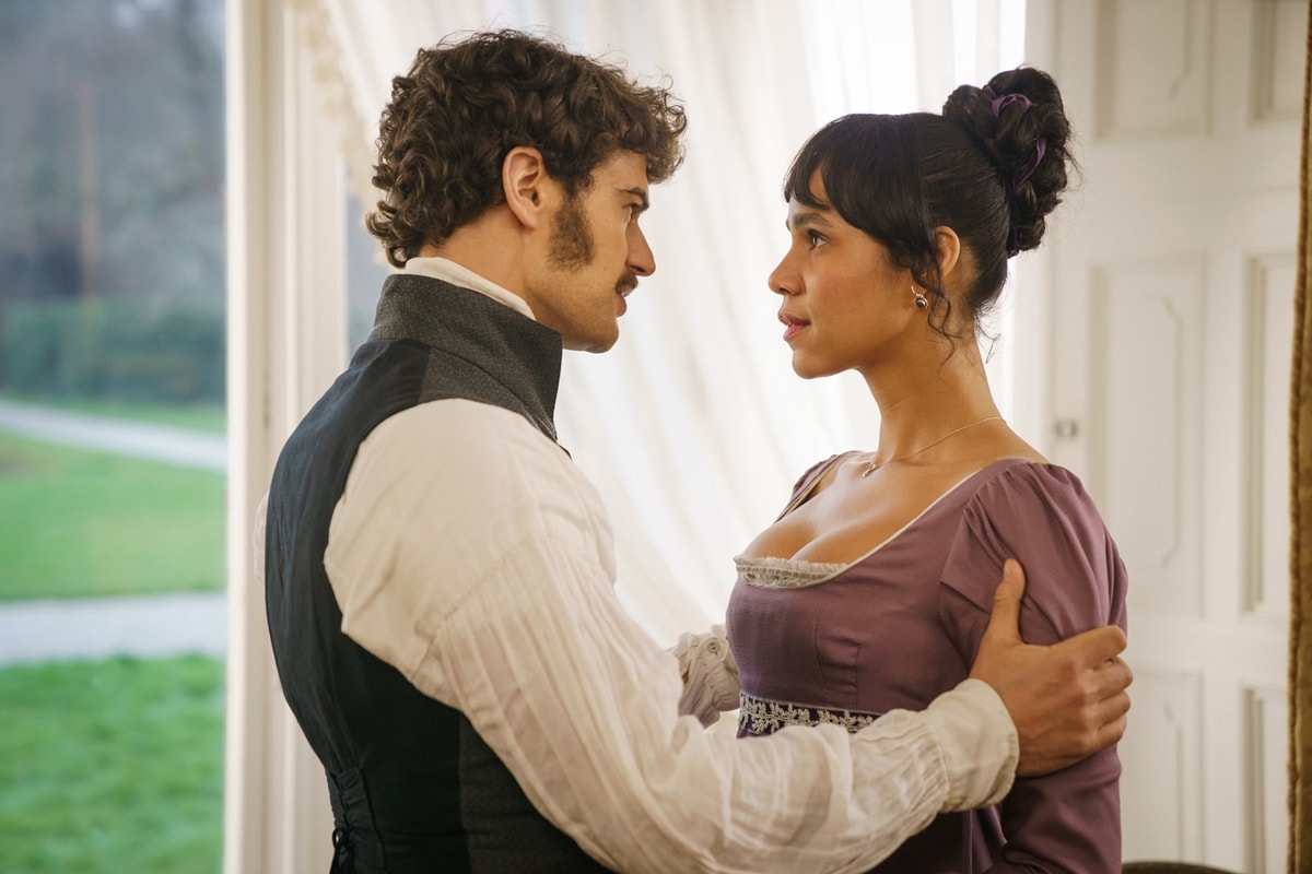 Zawe Ashton as Julia Thistlewaite and Theo James as Captain Henry Ossory in the 2022 period drama Mr. Malcolm's List