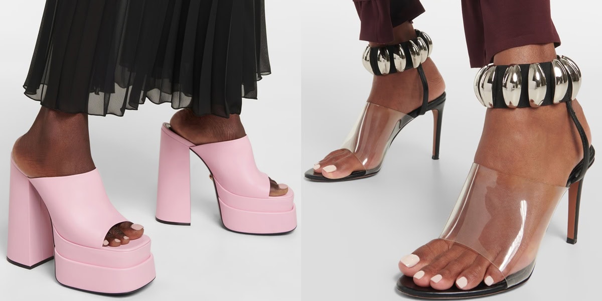 Comparison of pink peep-toe platform mules and clear open-toe strappy sandals highlighting their distinct styles