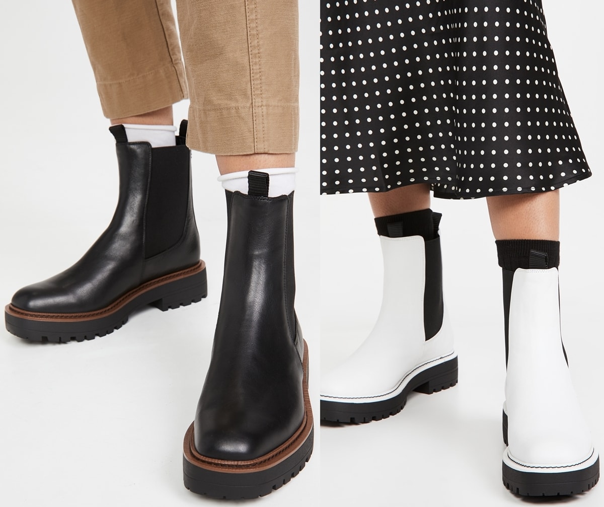 Equal parts stylish and sturdy, these black and white Sam Edelman Laguna boots are ready to stand up to rainy days with waterproof leather and a substantial lug sole bringing a utilitarian update to a classic Chelsea boot silhouette