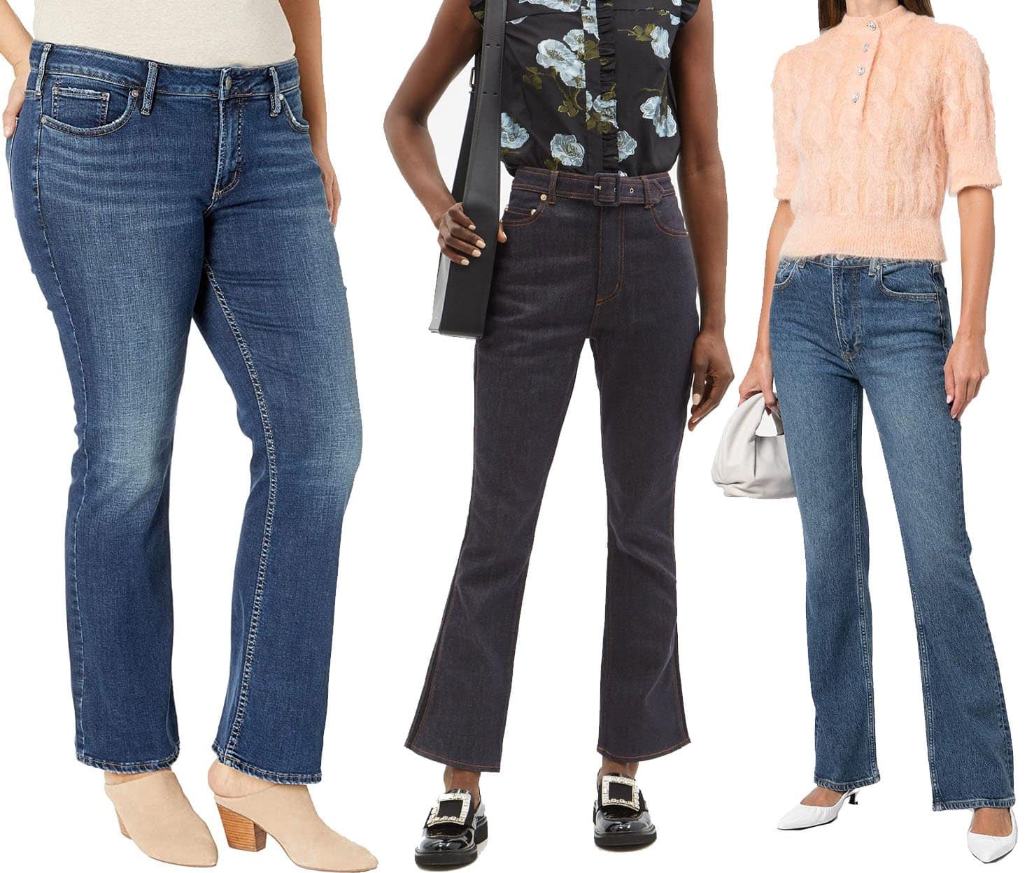 Diverse Denim: A selection showcasing Silver Jeans Co.'s Curvy Fit Slim Boot Jeans, Erdem's Vina Belted Straight-Leg Jeans, and Boyish Jeans' Flared-Leg style, catering to various curvy silhouettes
