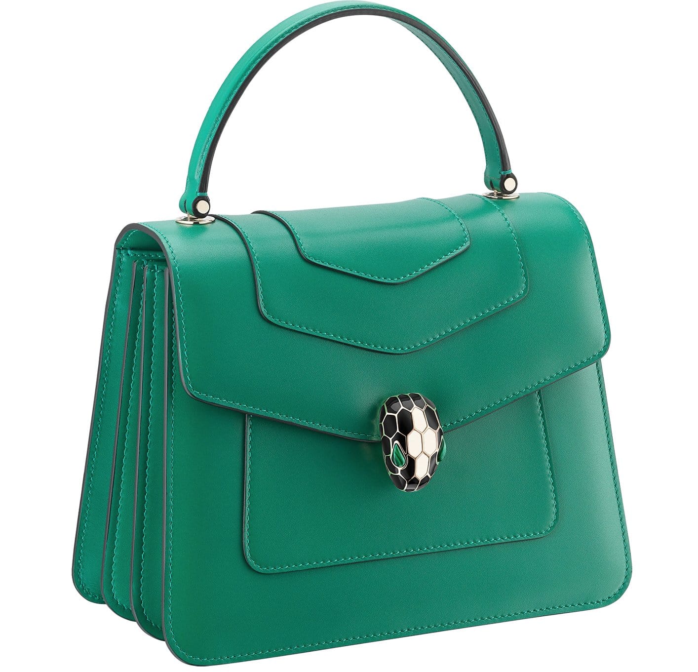 Crafted in emerald green calf leather, this Serpenti Forever bag features light gold-plated brass hardware and the iconic snakehead closure in black and white agate enamel and green malachite