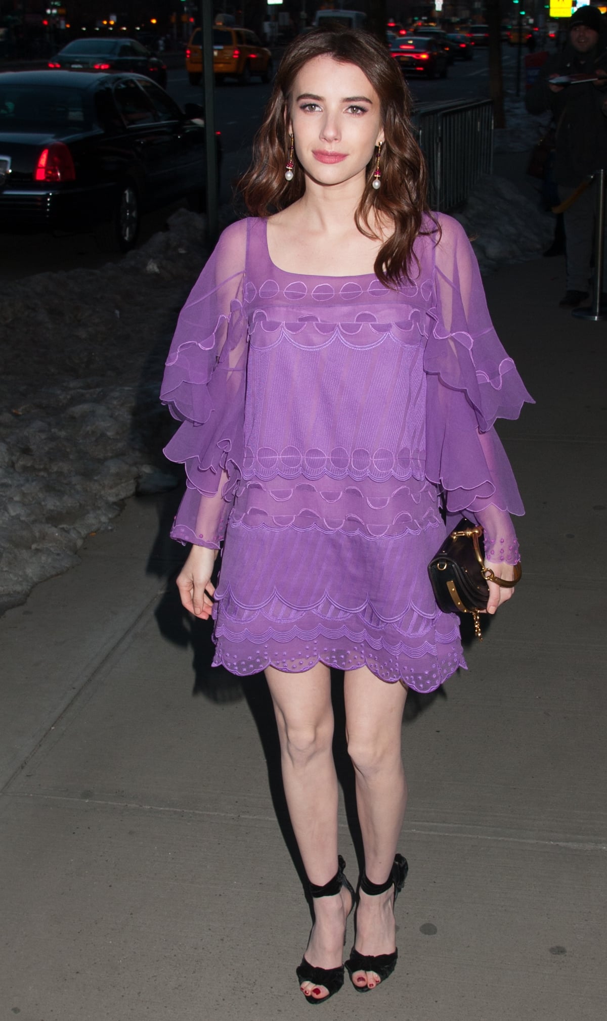 Emma Roberts in a purple Chloé dress with black sandals for a screening of "The Blackcoat's Daughter"