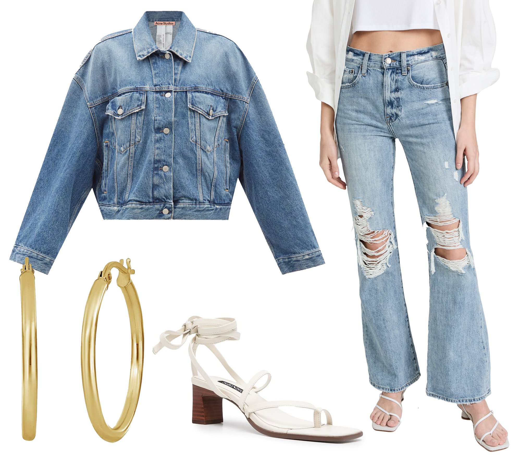 Elevated Elegance: This ensemble featuring Acne Studios' Morris Oversized Cropped Denim Jacket and Pistola Denim's Stevie High Rise Flare Jeans, accessorized with Bony Levy gold hoop earrings and Senso's Raegan lace-up sandals, embodies the upscale potential of denim-on-denim fashion