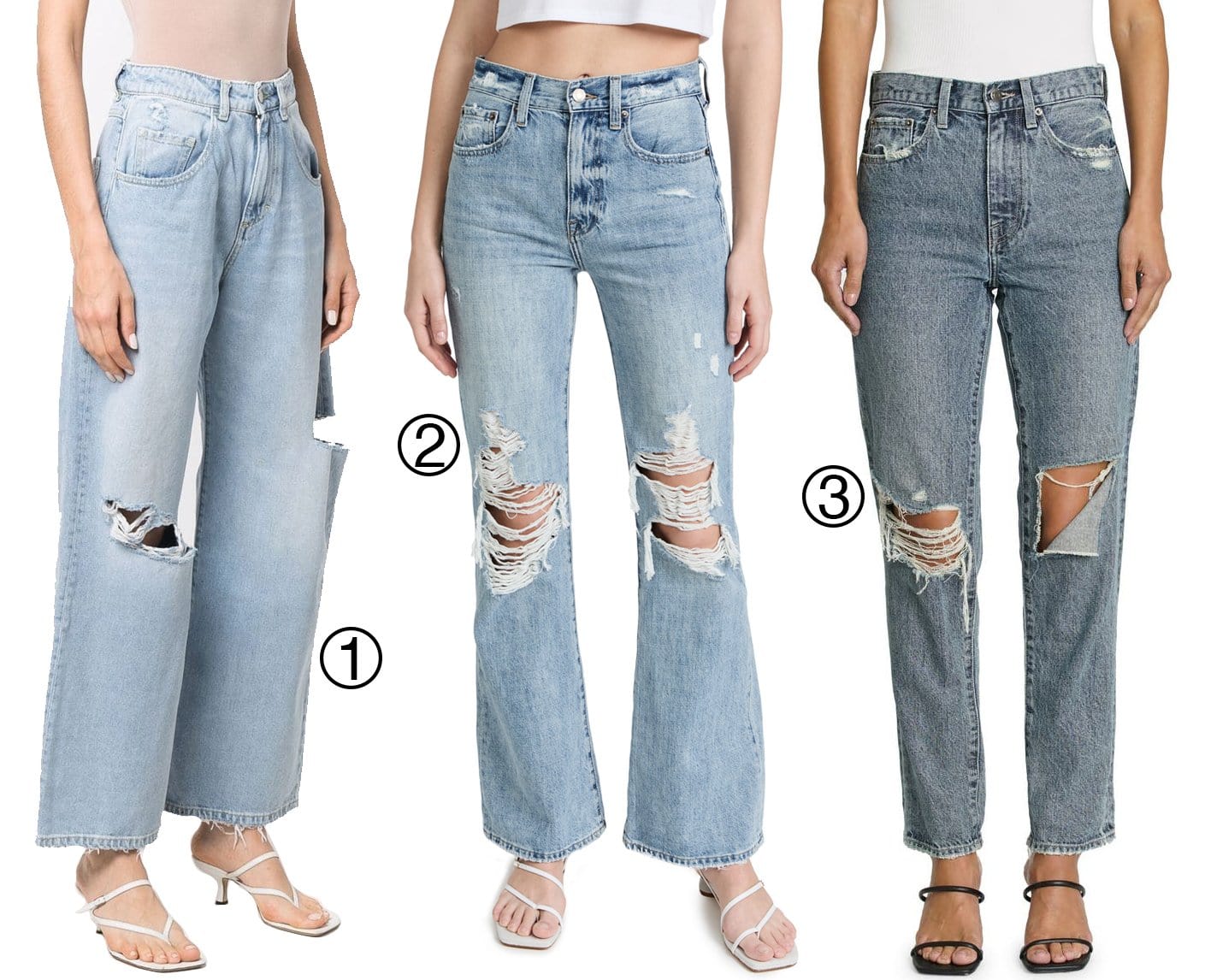 Rock the ripped jeans trend: 1. Icon Denim Poppy High-waisted Wide Leg Jeans, 2. Pistola Denim Stevie High Rise Flare Jeans, 3. Pistola Presley Ripped Ankle Straight Jeans