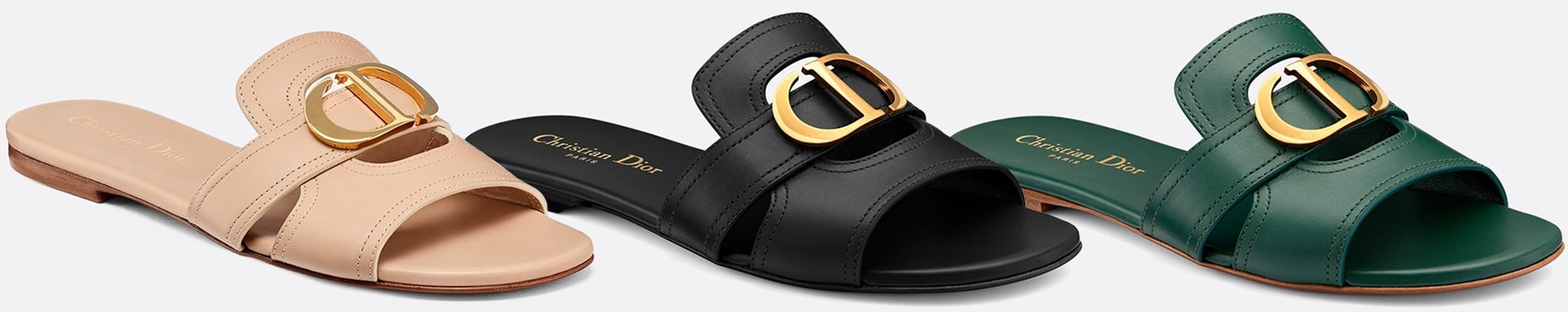 The 30 Montaigne slide boasts a gold-finish metal CD signature that highlights the silhouette and contrasts with the leather