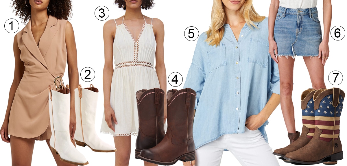 1. River Island wrap blazer playsuit, 2. We The Free tall white boots, 3. Jonathan Simkhai lace-up summer dress, 4. Ariat classic roper boots, 5. Dear John relaxed chambray top, 6. Lucky Brand denim mini skirt, and 7. Roper patriotic-themed boots for a standout Western-inspired look