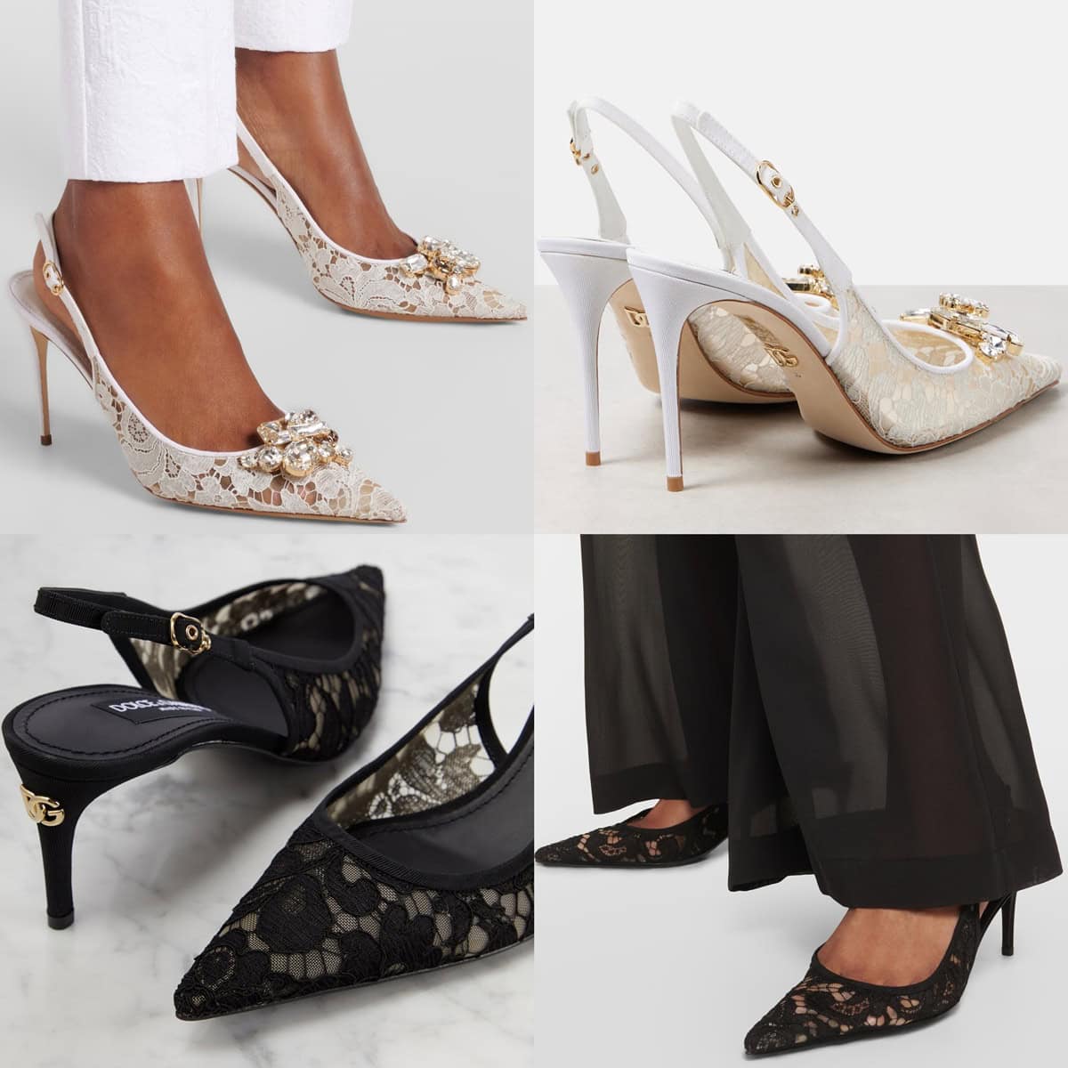 White Dolce & Gabbana Rainbow lace slingback pumps with embellishments and black Dolce & Gabbana lace slingback pumps