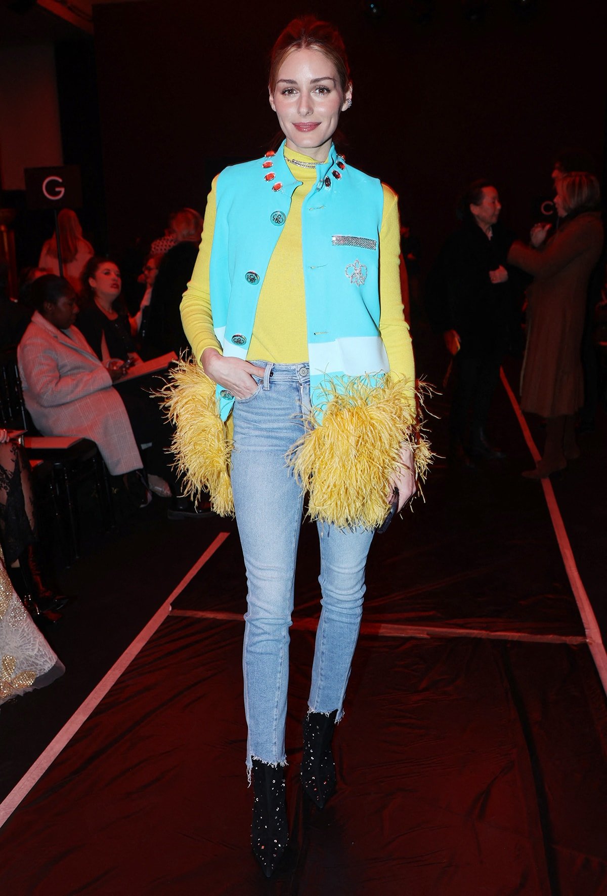 Olivia Palermo Georges Hobeika Blue Vest Yellow Feathers Jeans 