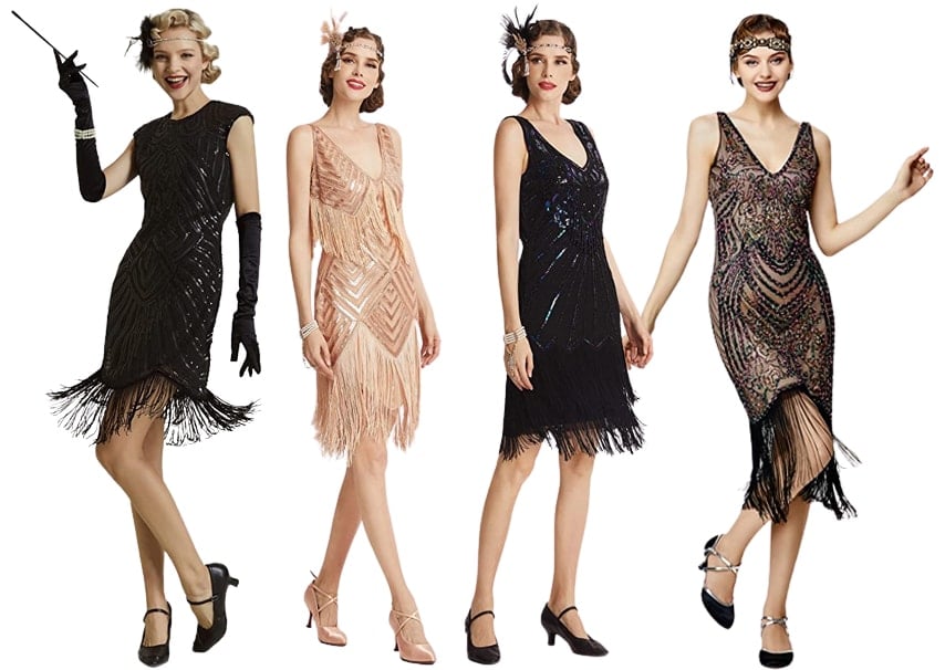 Flapper dresses were usually worn with pumps that have a low heel and an ankle strap or a T-strap