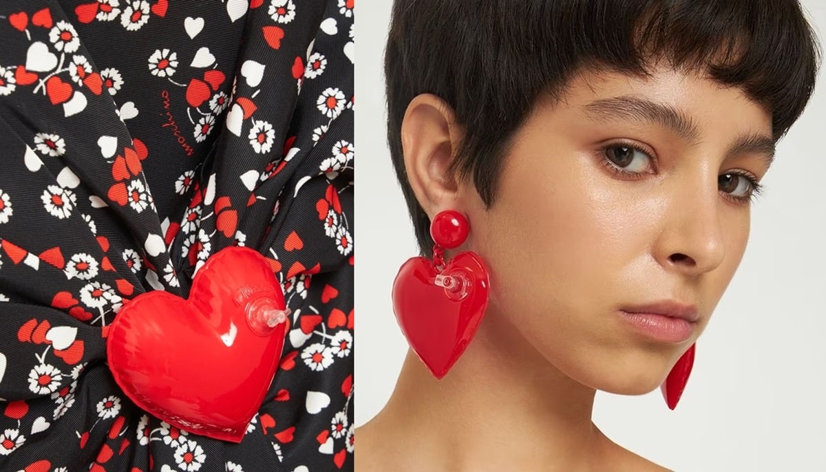 Jeremy Scott embraced the theme of inflation in his latest collection for Moschino by incorporating inflatable red hearts into the collection