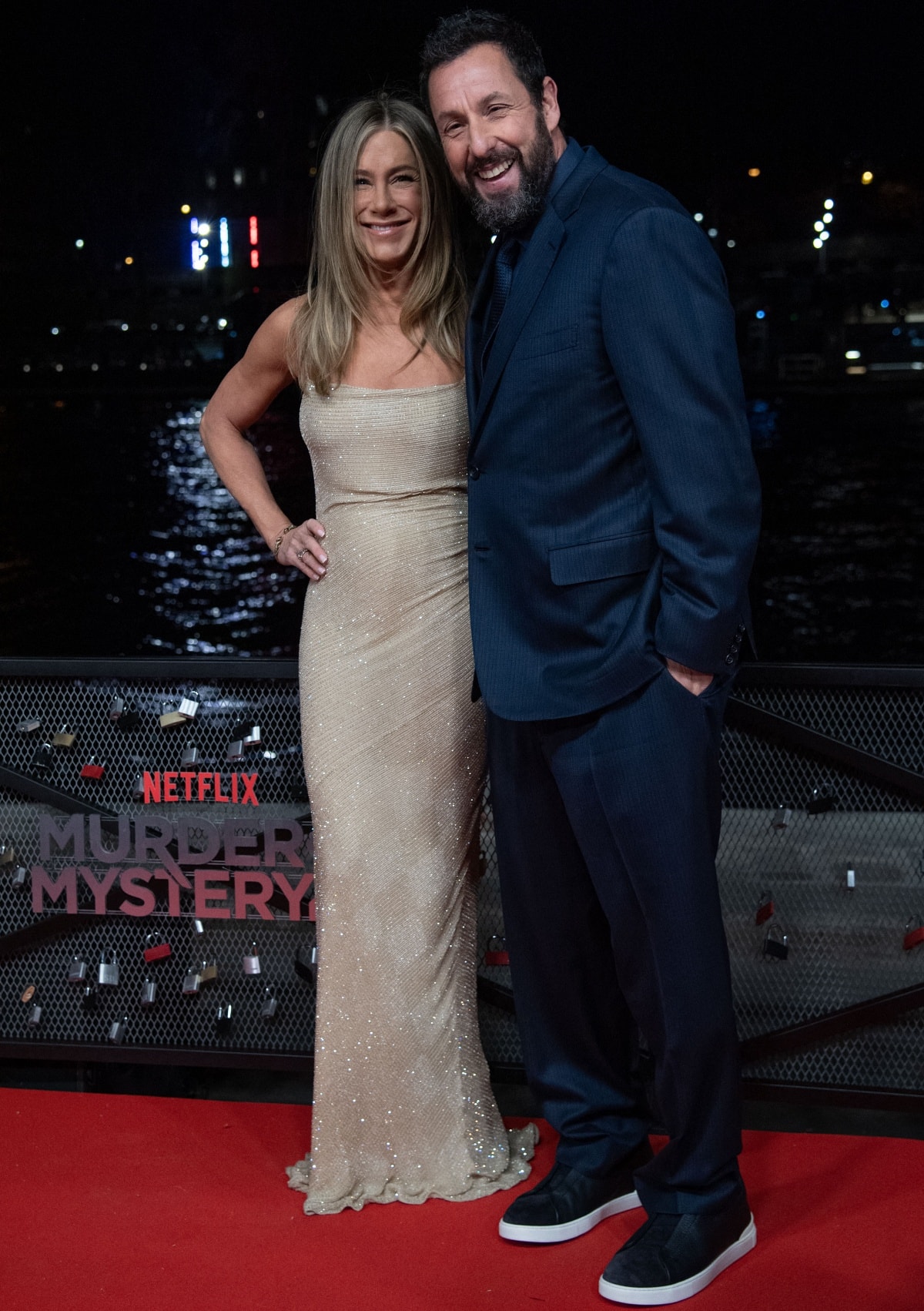 Adam Sandler with co-star Jennifer Aniston at the premiere of Murder Mystery 2 in Paris