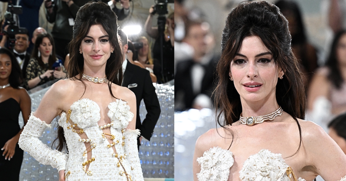 Anne Hathaway Channels '90s Supermodel in Versace Tweed Safety Pin