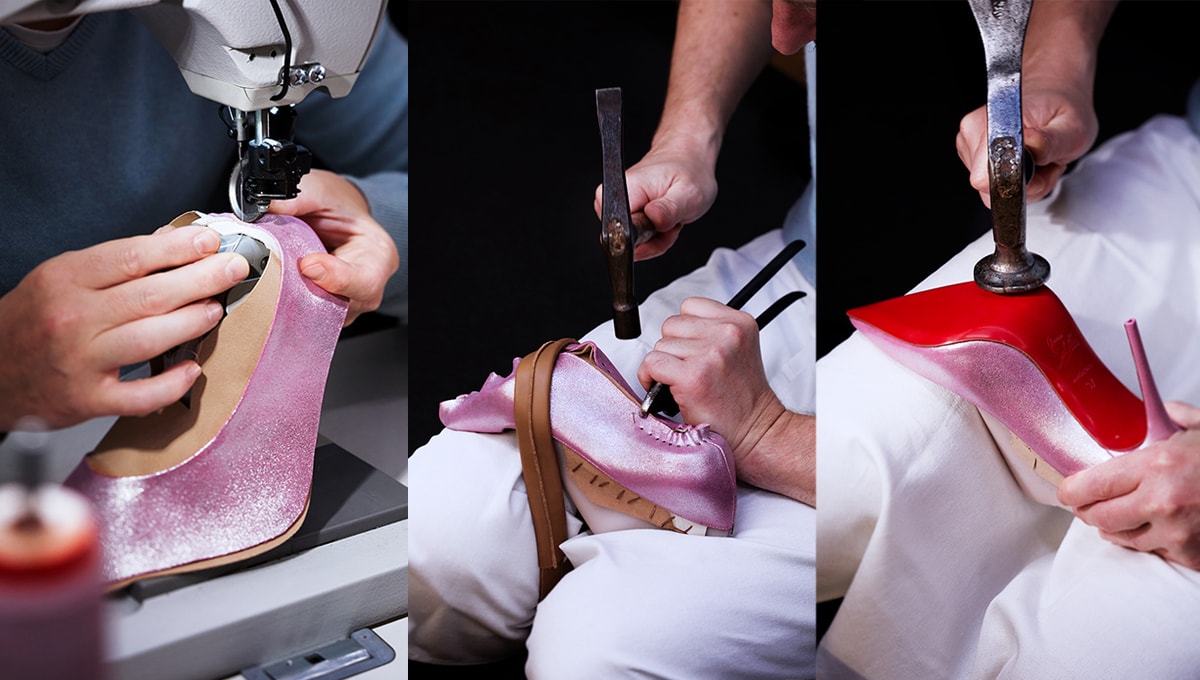 Crafting a Christian Louboutin heel involves meticulous handwork, from stitching the upper to shaping and attaching the signature red sole, ensuring each shoe meets the brand's high standards of craftsmanship