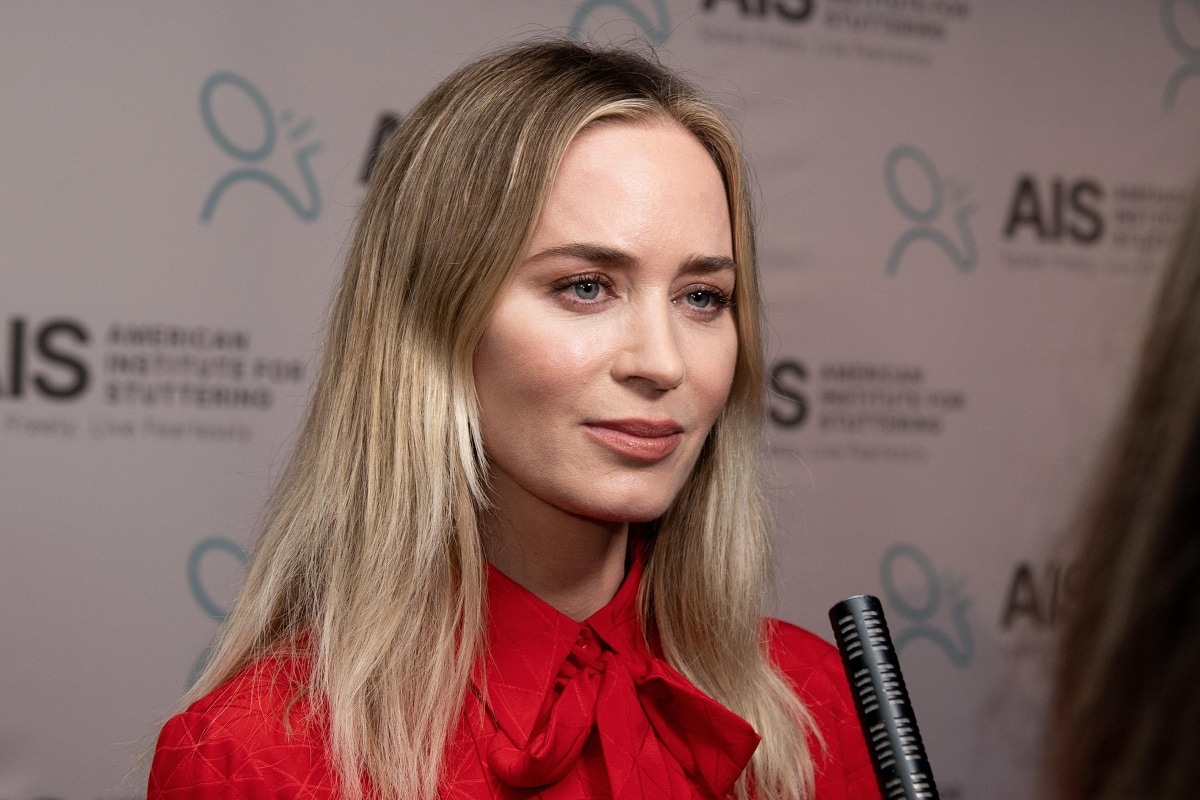 Emily Blunt speaking to reporters on the red carpet during the 17th Annual American Institute for Stuttering Gala