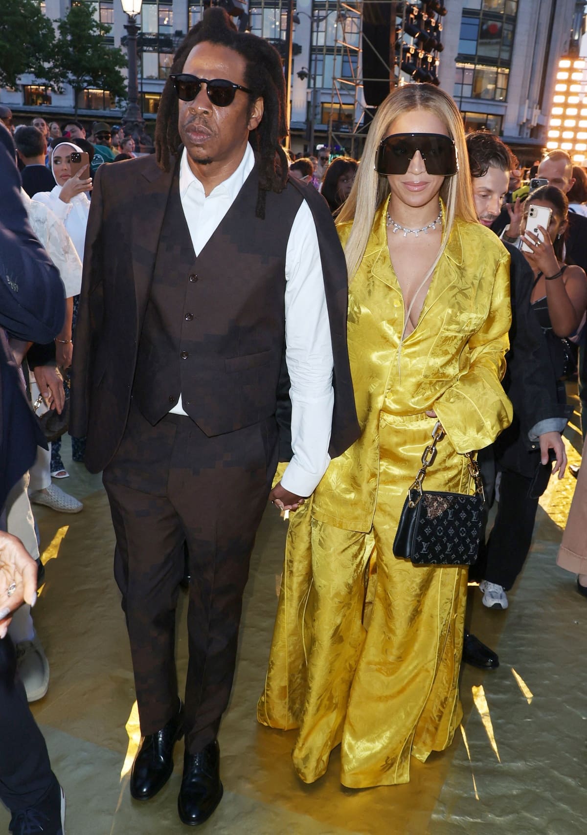 Beyoncé Shines in Yellow Silk Pajamas and Platforms at Pharrell Williams' Louis  Vuitton Men's Show