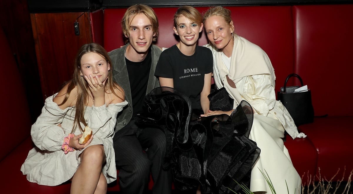 Maya Hawke with sister Luna Thurman-Busson, brother Levon Hawke and mom Uma Thurman at the Asteroid City New York premiere after party held at Sardi’s