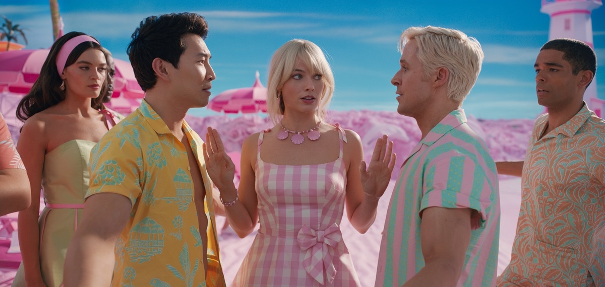 Emma Mackey, Simu Liu, Margot Robbie, and Ryan Gosling star as physicist Barbie, Ken, Barbie, and Ken, respectively, in the 2023 American fantasy comedy film Barbie