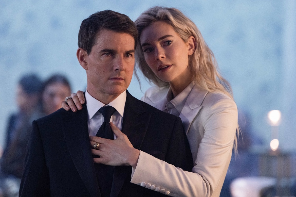 Tom Cruise as Ethan Hunt and Vanessa Kirby as Alanna Mitsopolis/White Widow in the 2023 spy action film Mission: Impossible – Dead Reckoning Part One