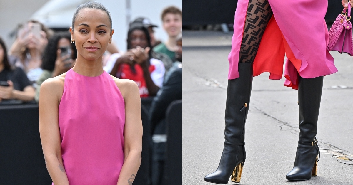 Zoe Saldaña Goes Braless in Hot Pink Fendi Dress at Paris Haute Couture