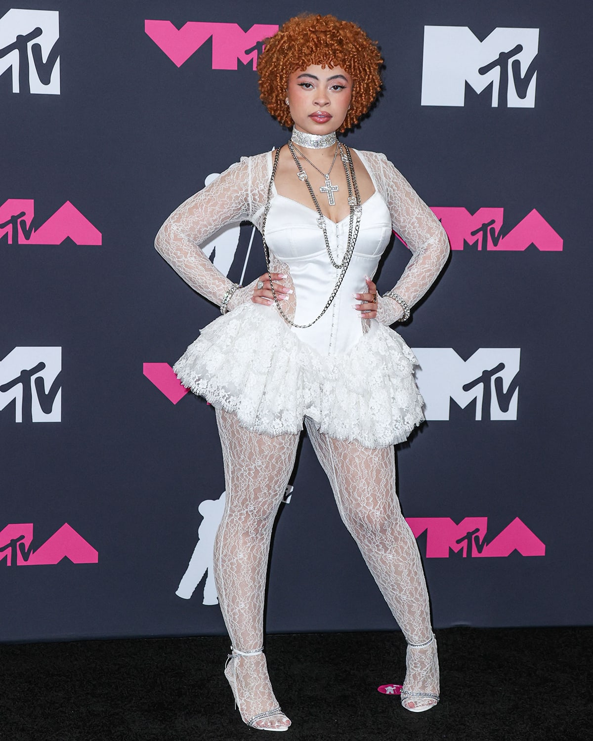 Ice Spice channels Britney Spears in a white lace ensemble at the 2023 Video Music Awards held at the Prudential Center in New Jersey on September 12, 2023