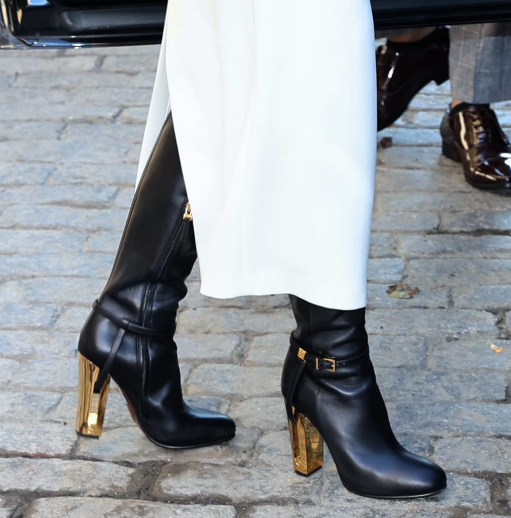 Naomi Watts completes her stylish fall outfit with the Fendi Delfina boots with cutout gold-metal heels