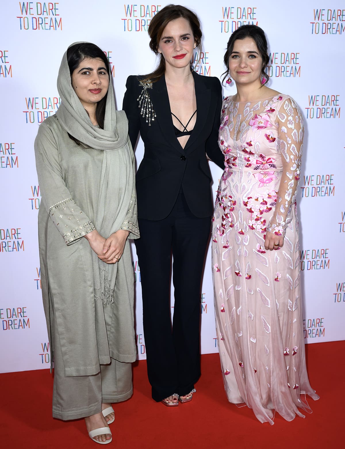 Emma Watson poses with Pakistani female education activist Malala Yousafzai and We Dare to Dream director Waad Al-Kateab