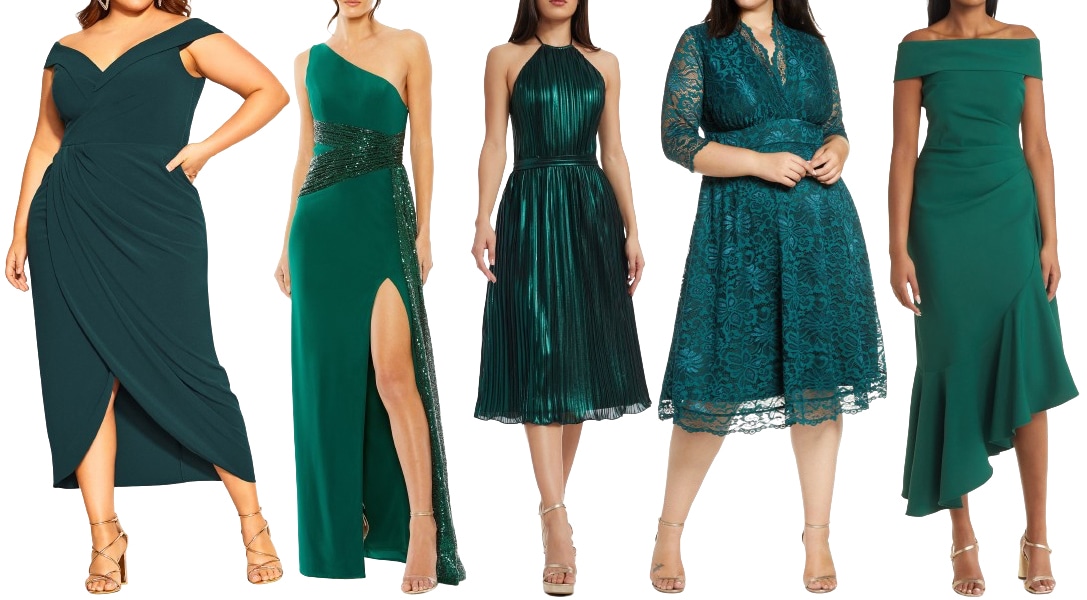 Choose classic gold shoes to complement your emerald green dress for the ultimate bridesmaid or cocktail party style
