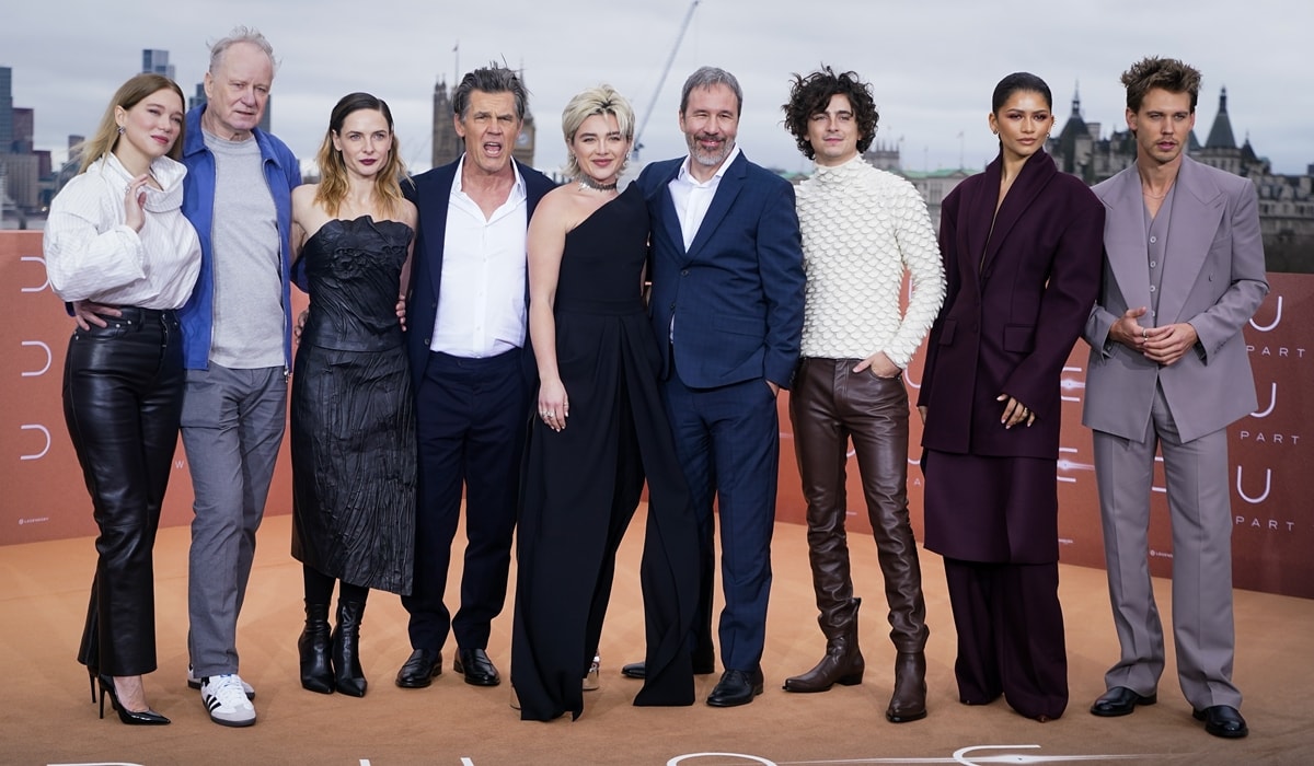 Léa Seydoux, Stellan Skarsgård, Rebecca Ferguson, Josh Brolin, Florence Pugh, Denis Villeneuve, Timothée Chalamet, Zendaya, and Austin Butler at the photocall for "Dune: Part Two" at IET London on February 14, 2024 in London, England