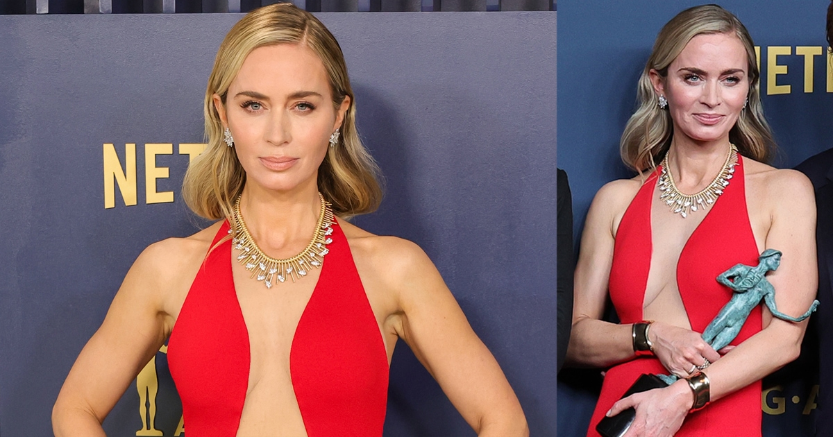 Emily Blunt Shines in Plunging Red Louis Vuitton Dress at SAG Awards A