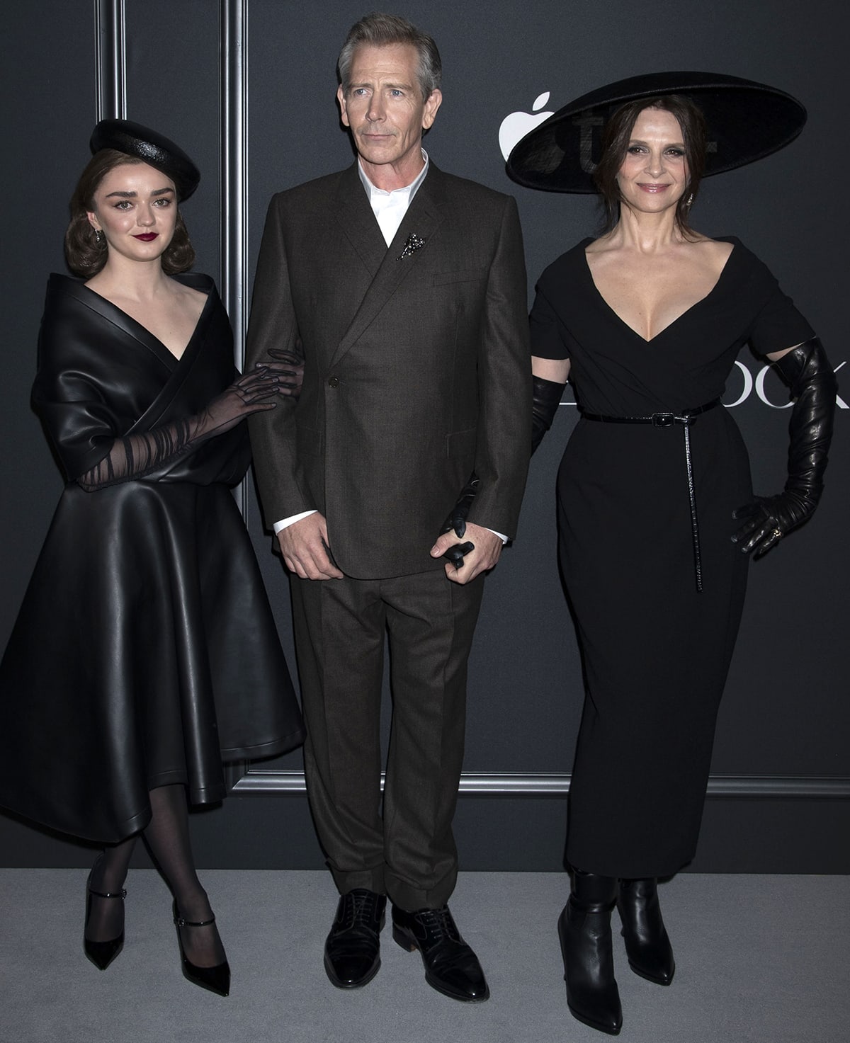 Maisie Williams with The New Look co-stars Ben Mendelsohn and Juliette Binoche clad in vintage-inspired outfits by Dior