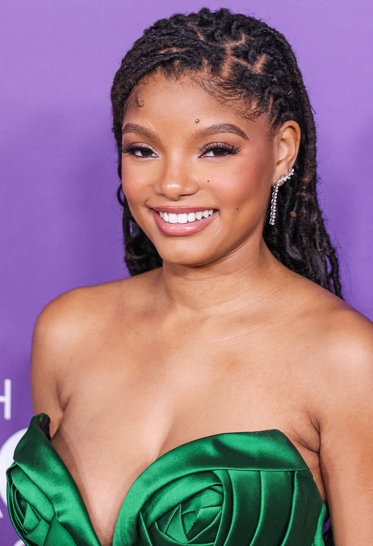 Halle Bailey wears her dark hair in braids and highlights her striking features with berry makeup