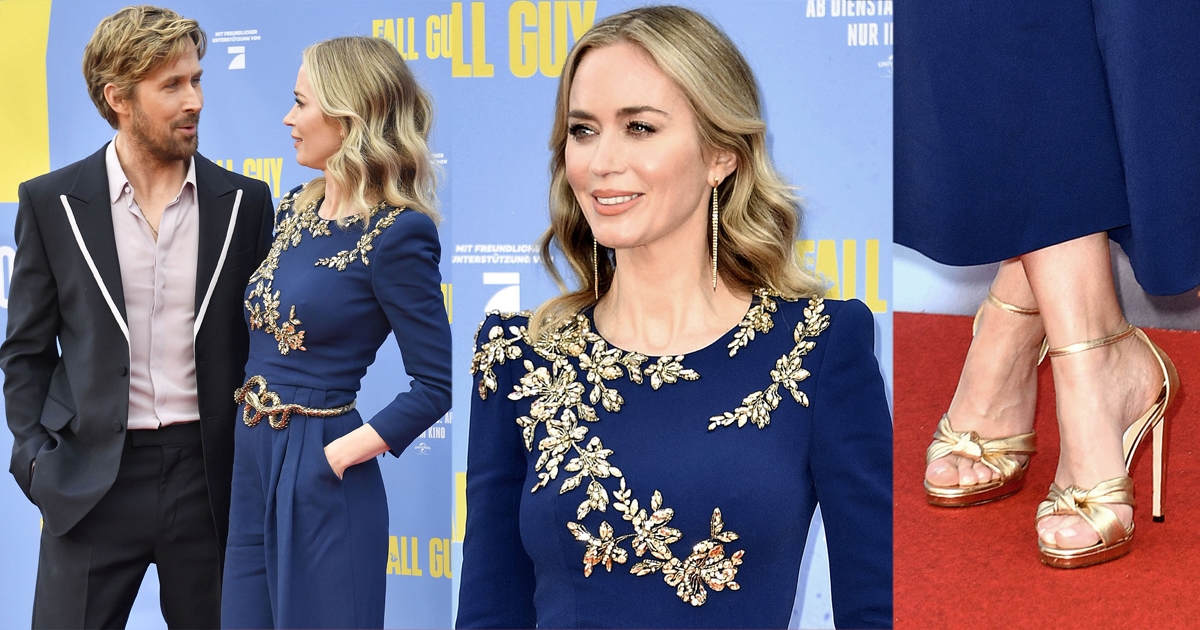 Emily Blunt Looks Regal In Blue Jenny Packham Jumpsuit With Gold Vine 