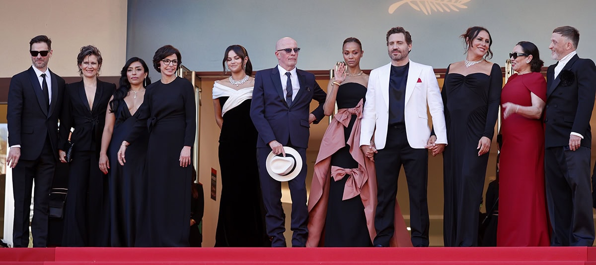 Director Jacques Audiard with the cast of Emilia Perez at the 77th Cannes Film Festival premiere of Emilia Perez at Palais des Festivals in Cannes, France
