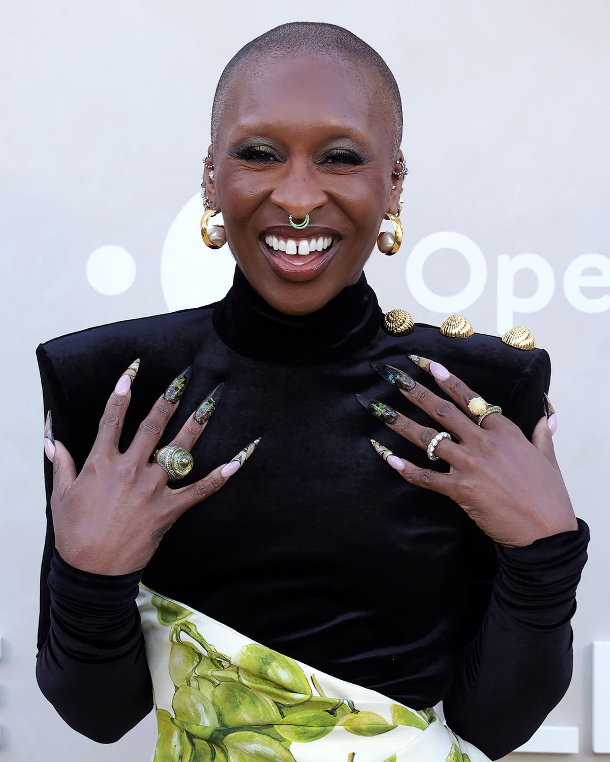 Cynthia Erivo glams up with smokey eyeshadow and wears her nature-themed beetle, succulent, and rose petal nails from her Met Gala look