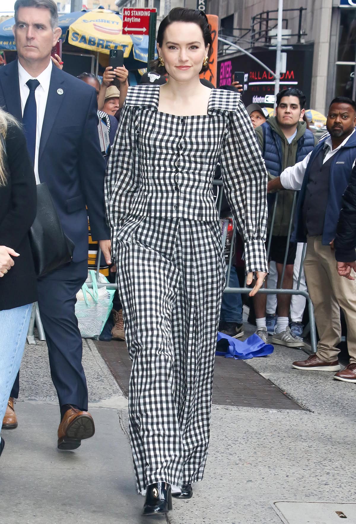 Daisy Ridley wears a summery gingham-patterned top and pants by Adeam for her appearance on Good Morning America