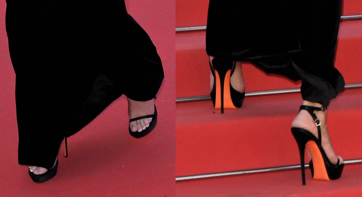 Selena Gomez pairs her regal black-and-white Saint Laurent gown with black open-toe platform sandals by Santoni