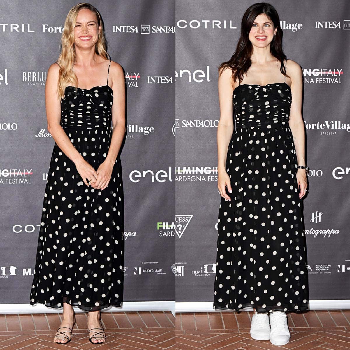 Brie Larson and Alexandra Daddario twin in matching polka-dot dresses by Santa Barbara-based label Dôen at the 7th edition of the Filming Italy Sardegna Festival