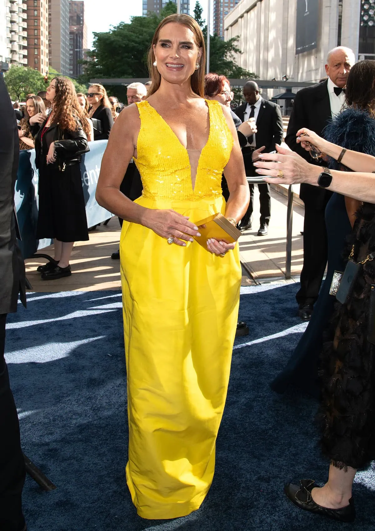 Brooke Shields looks stunning in her yellow sequin Monique Lhuillier gown with a plunging neckline, a bustle, and a tapered skirt