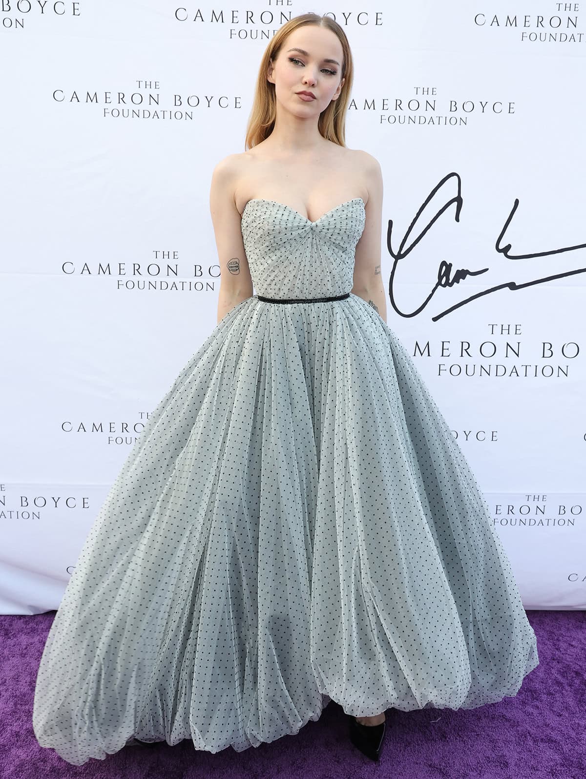 Dove Cameron channels retro princess in a Robin’s-egg blue polka-dot gown by Prabal Gurung