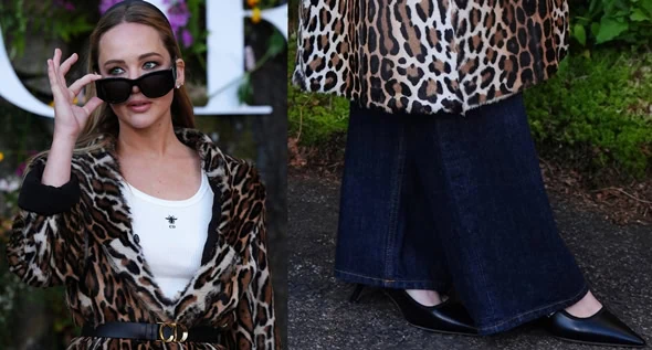 Jennifer Lawrence Rocks Mob Wife Chic in Belted Leopard-Print Coat and Black Slingback Pumps at Dior Cruise 2025 Show