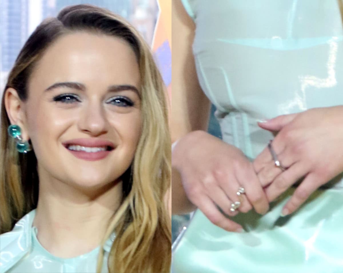 Joey King styles her futuristic midi dress with space-age jewelry, including a green glass earring from Sunnei and silver rings from Hirotaka and Milko Boyarov