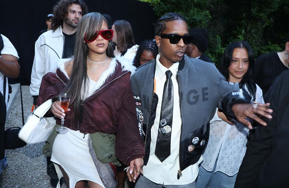 Rihanna and A$AP Rocky at the American rapper's American Sabotage Menswear Spring/Summer 2025 presentation during Paris Fashion Week