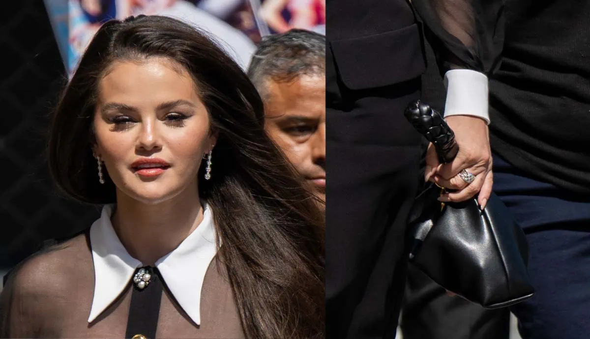 Selena Gomez keeps an elegant look by teaming her Versace dress with white gold and diamond jewelry by Simon G