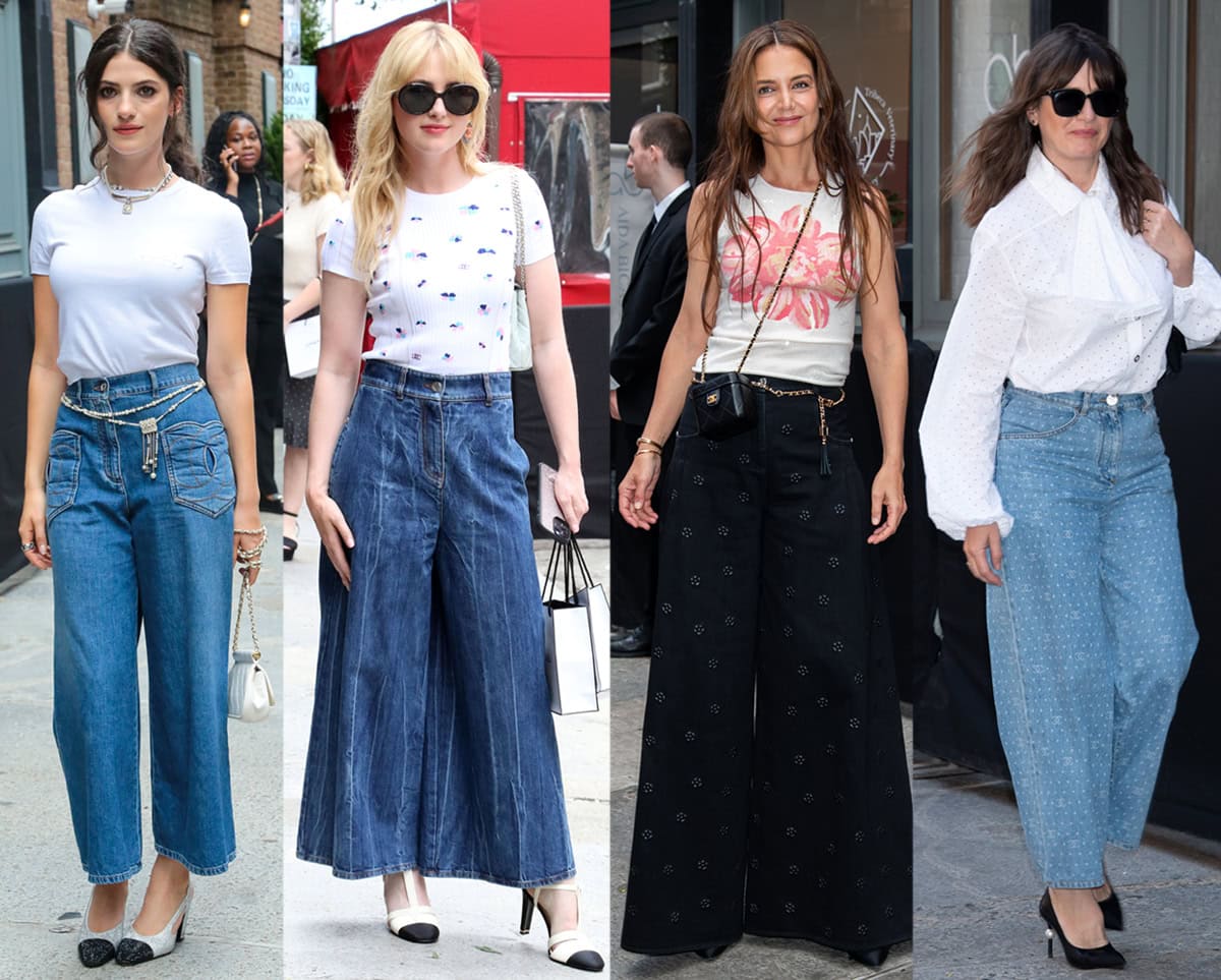 Ella Rubin, Kathryn Newton, Katie Holmes, and Emily Mortimer wear Chanel baggy jeans with pumps at the Chanel Tribeca luncheon during the 2024 Tribeca Film Festival