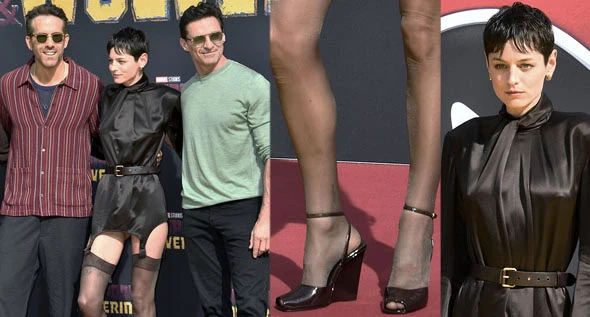 Emma Corrin Stuns in Racy Saint Laurent Dress and Heels with Hugh Jackman and Ryan Reynolds at Deadpool & Wolverine Berlin Fan Event