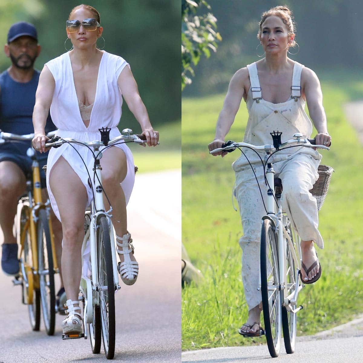 Jennifer Lopez rides a Linus bike in the Hamptons in chic summer clothes: a plunging white jumpsuit with fisherman sandals and cotton twill overalls with flip-flops