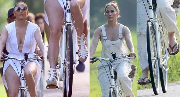 Jennifer Lopez Enjoys Biking in The Hamptons in Chic Summer Outfits With Dior Jute Fisherman Sandals and Ralph Lauren Flip Flops