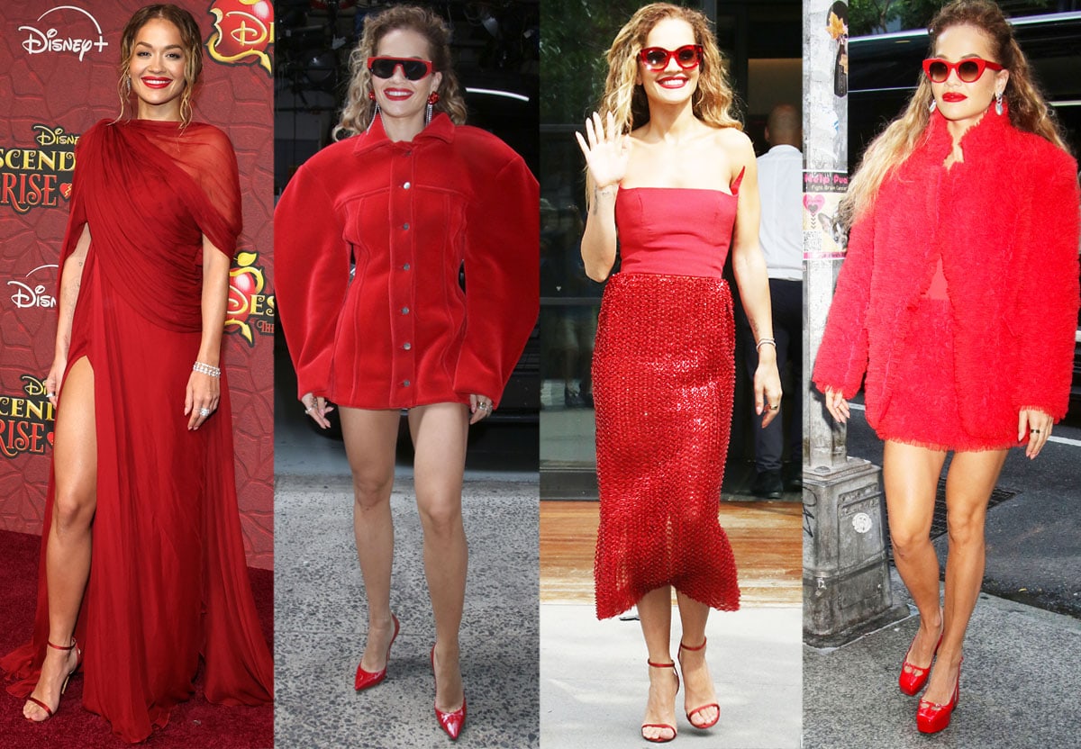 Rita Ora does method dressing and wears red dresses and heels for the Descendants: The Rise of Red promotional tour in New York City