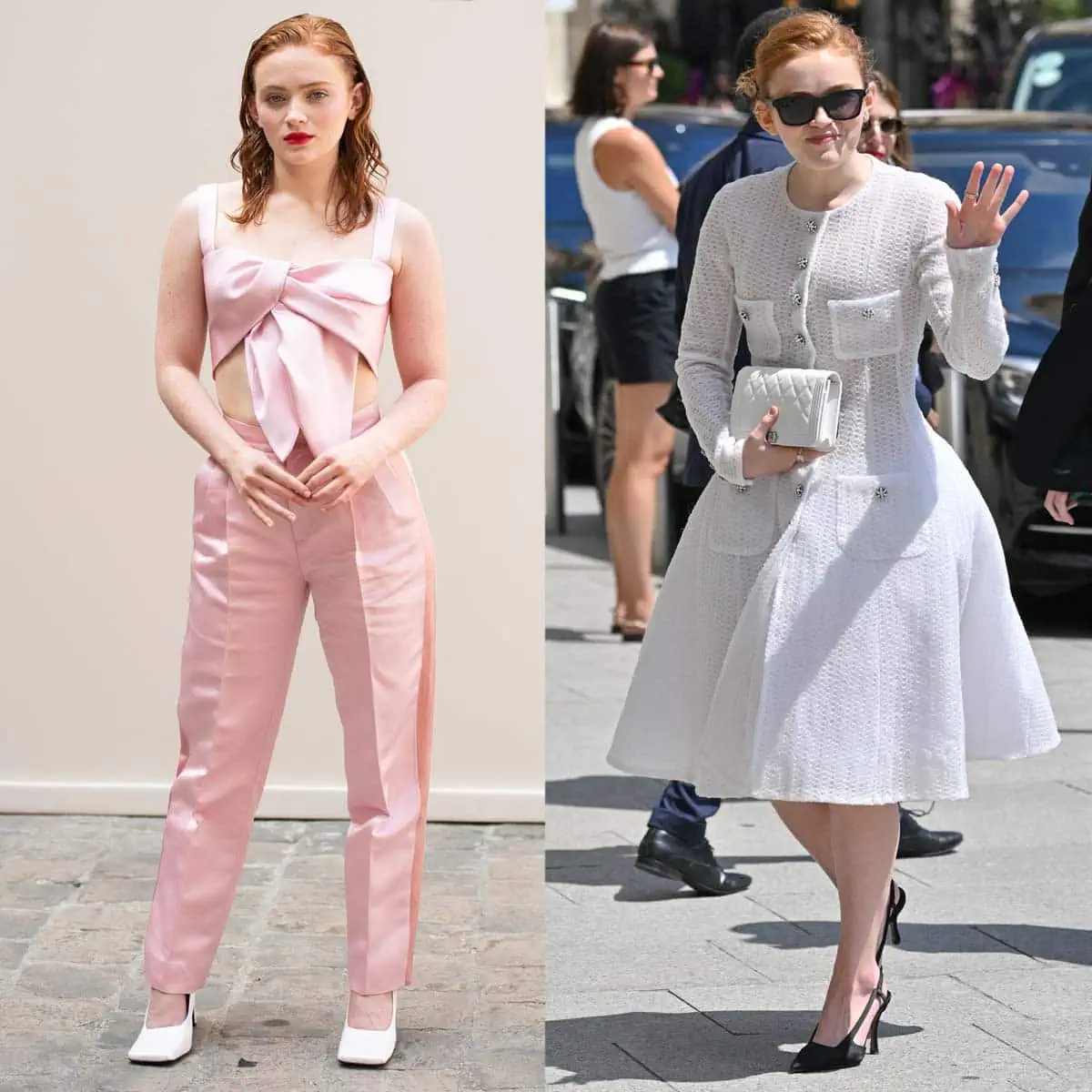 Sadie Sink displays her elegant and youthful style sense in two outfits during Paris Fashion Week: a two-piece pink satin ensemble and a white A-line dress
